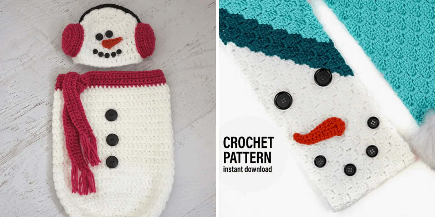 crochet Christmas snowman baby cocoon and c2c scarf