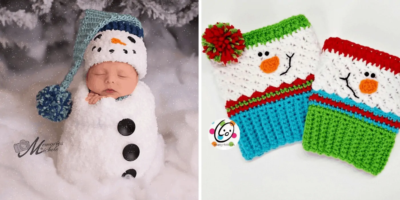 crochet Christmas snowman baby hat and fingerless gloves