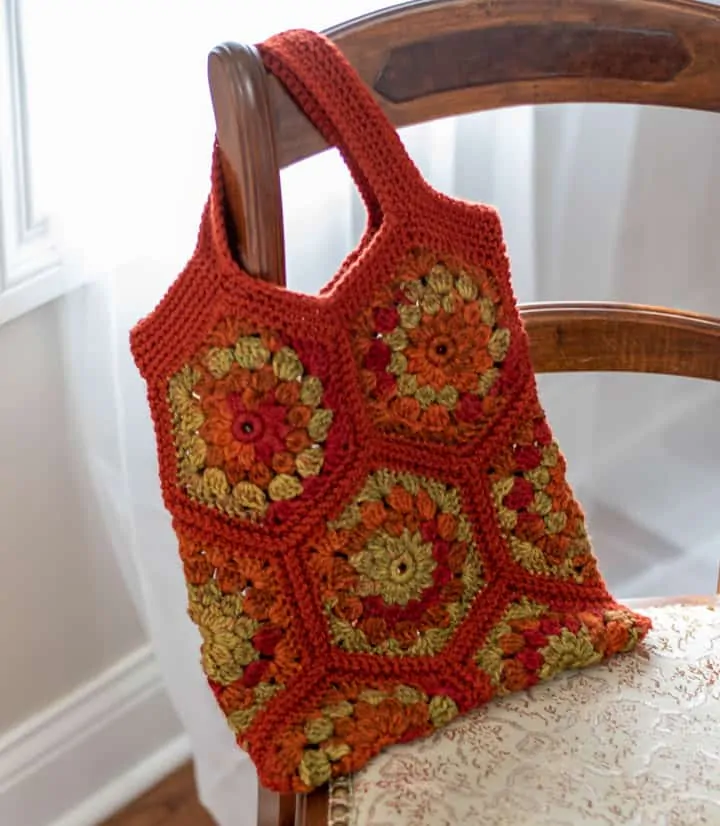 orange and green crochet hexagon tote bag