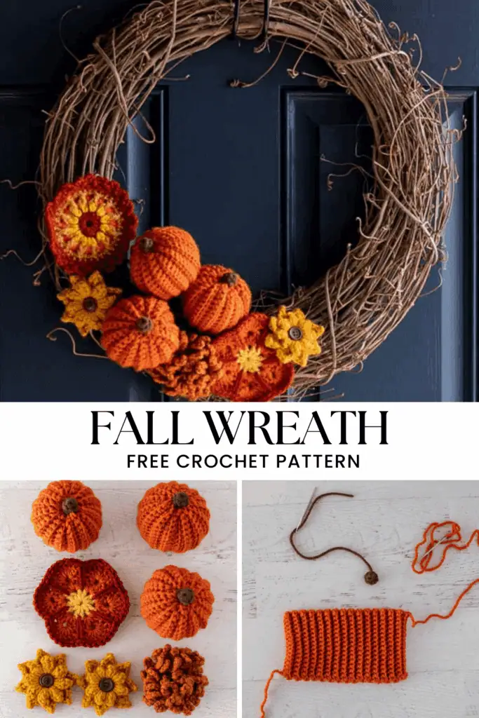 Collage of grapevine wreath with crochet pumpkins and flowers, floral components and pumpkin assembly