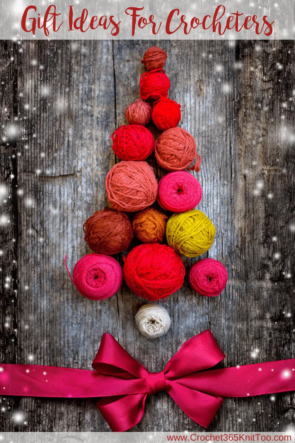 pink, red and green yarn balls in a tree shape with a pink bow