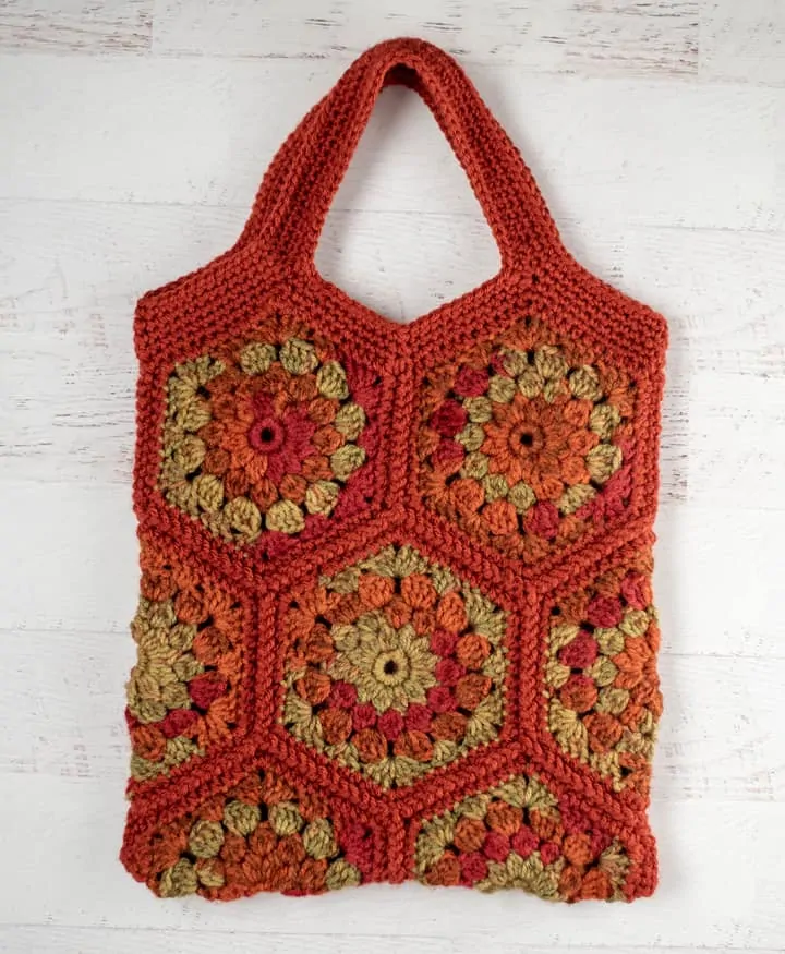 orange and green crochet hexagon tote bag