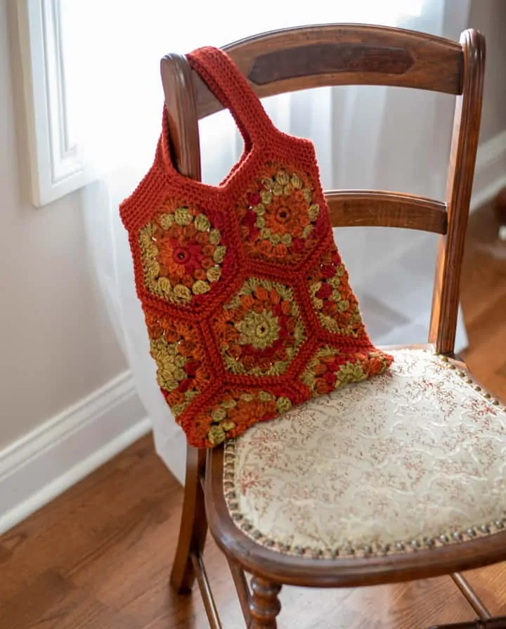 orange and green crochet hexagon tote bag