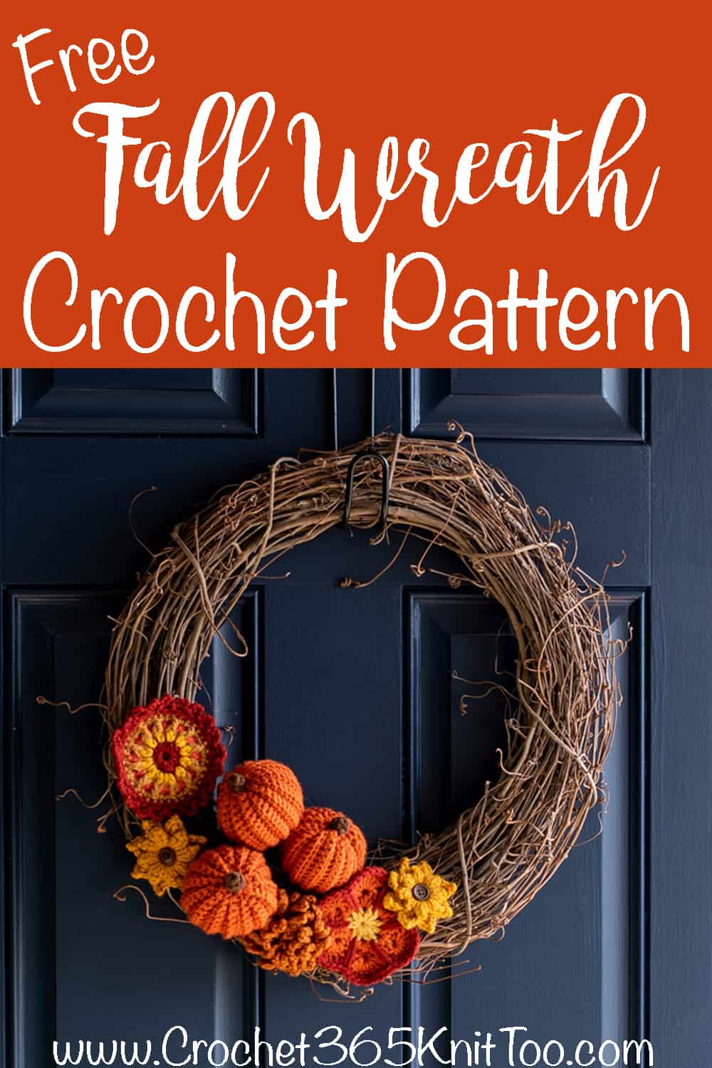 Grapevine wreath with crochet pumpkins and flowers on a blue door