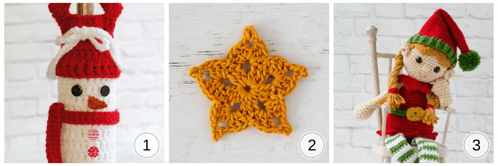 Crochet Christmas Snowman, yellow star and holiday elf