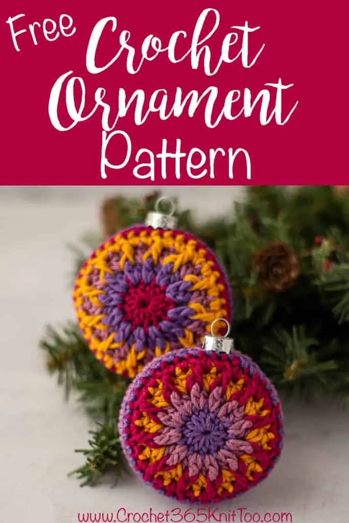 crochet ornaments in jewel tone purple, pink and gold yarn.