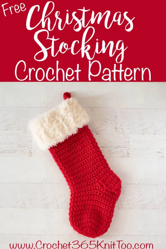 red crochet christmas stocking with white fur trim