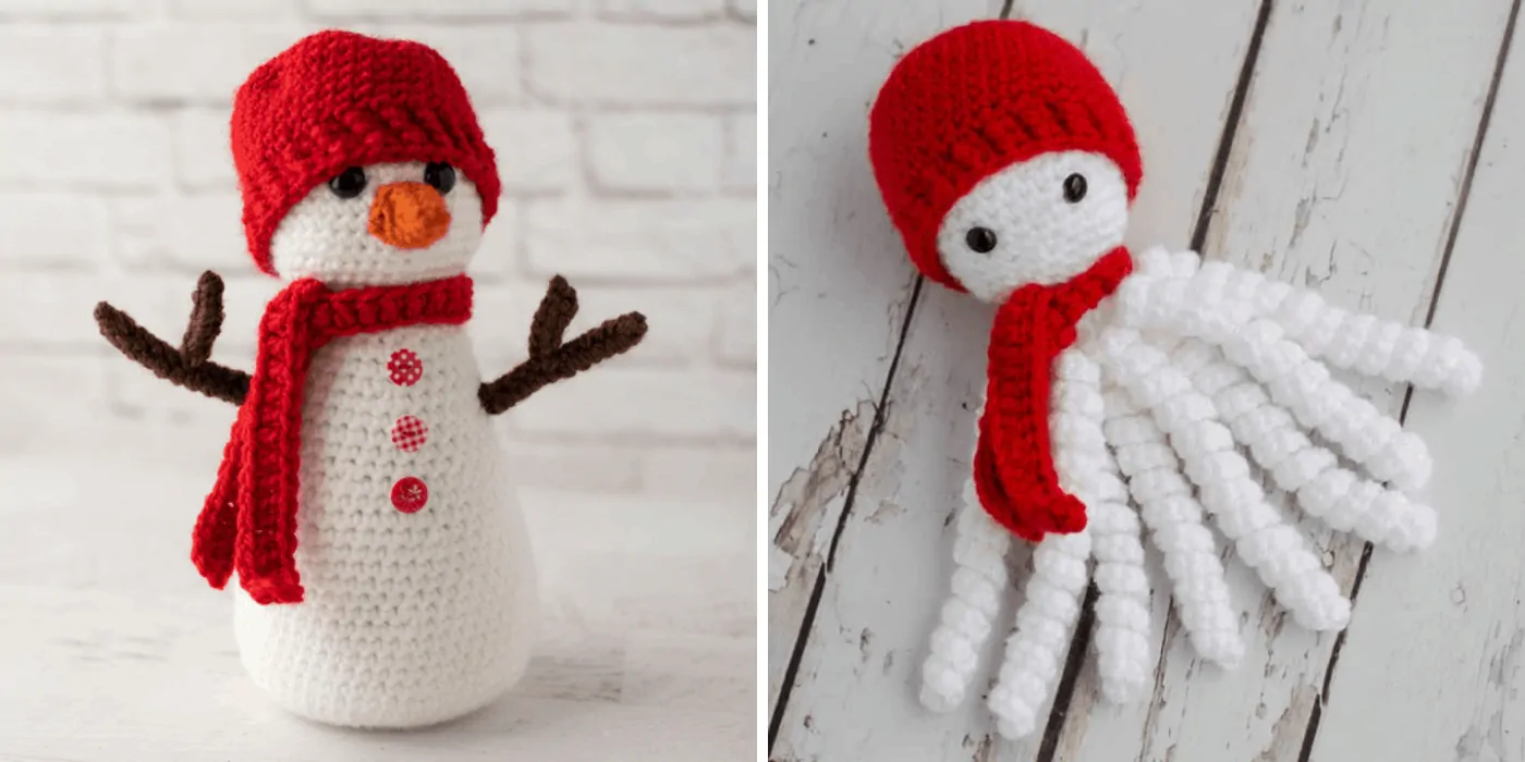 Two Crochet white snowmen with red hats and scarves.