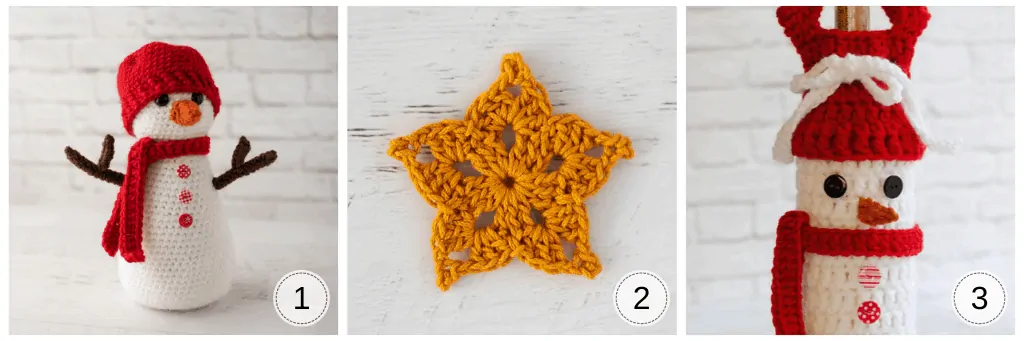 Crochet snowman, star and wine cozy