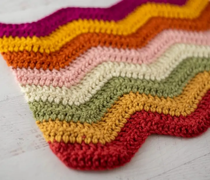 pink, yellow, orange, green and off white crochet afghan sample