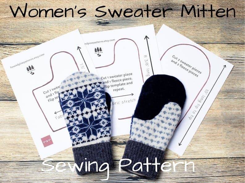 Sewing pattern image with mittens made out of sweaters