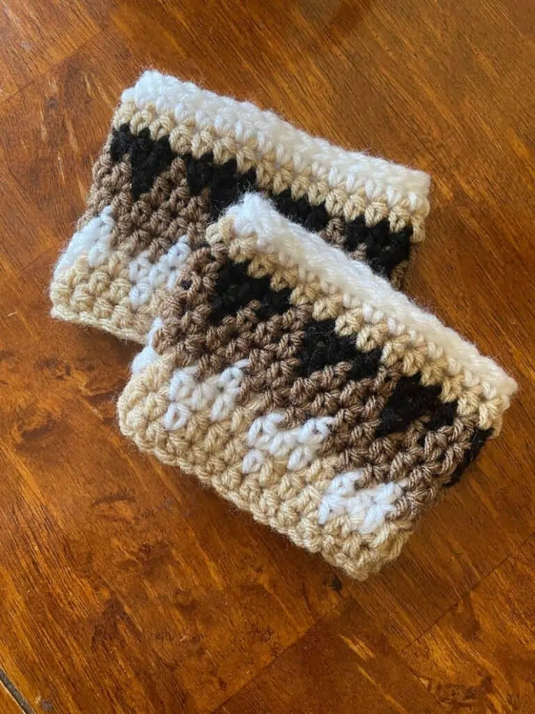 gold, brown and white crochet boot cuffs