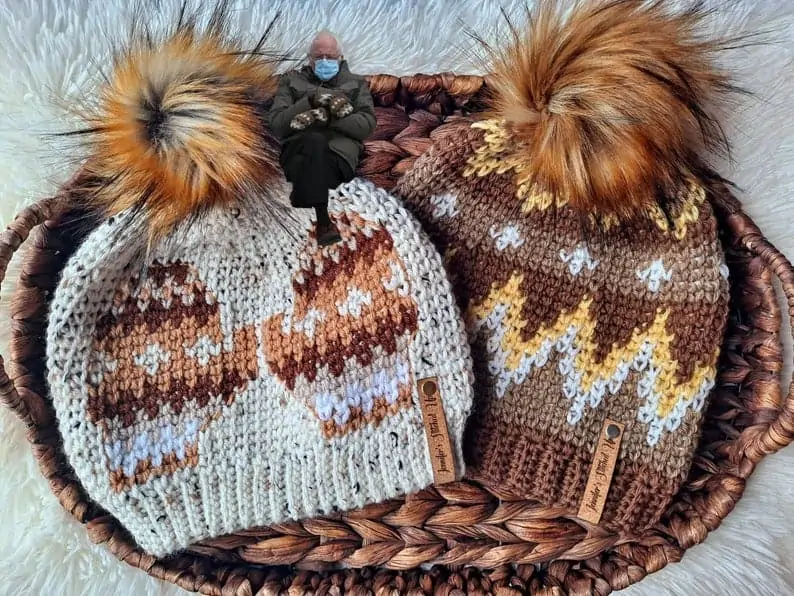 gold, brown and white crochet hats with pom poms