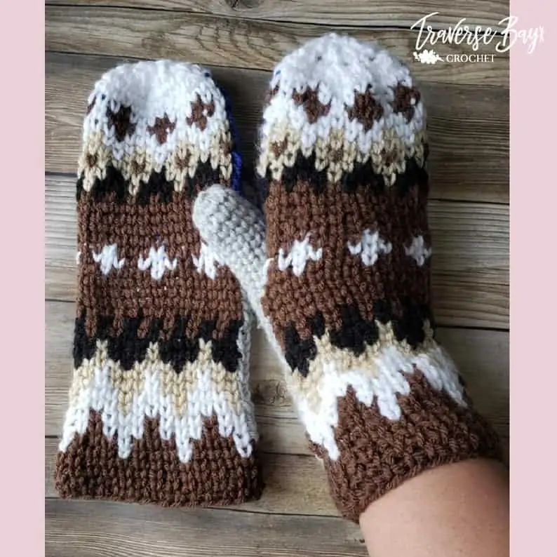 gold, brown and white crochet mittens