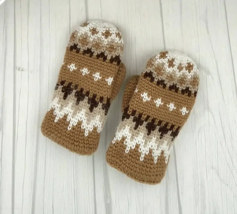 gold, brown and white crochet mittens