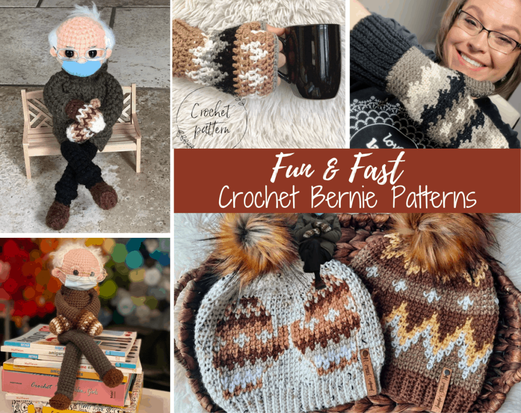 gold, brown and white crochet mittens, bernie sanders inspired doll, and hats