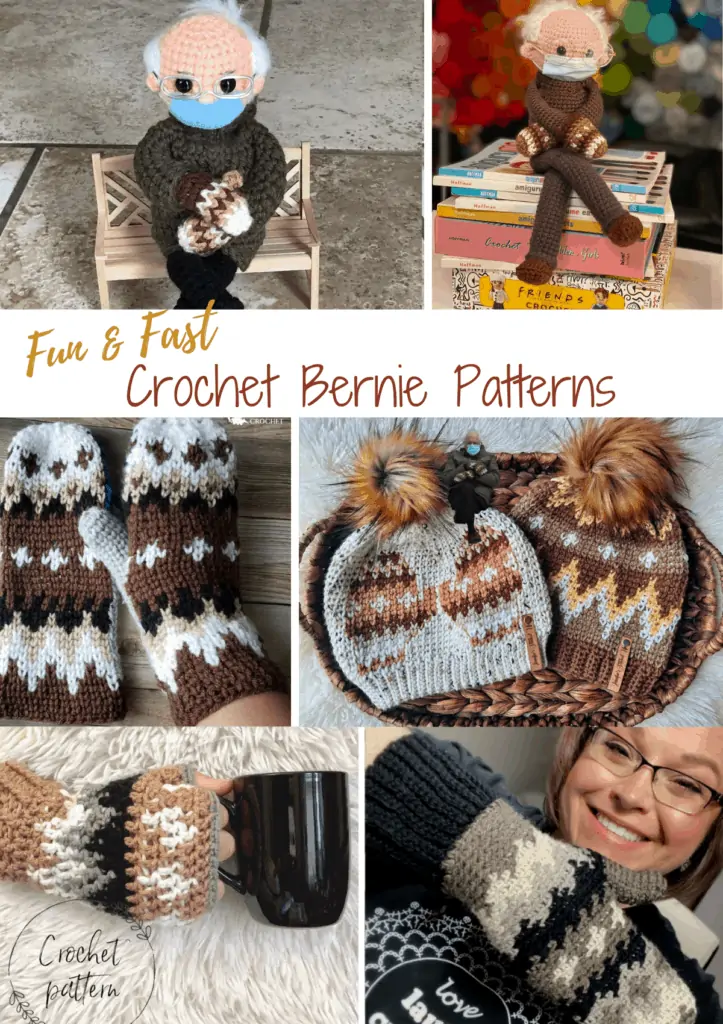 Various crocheted dolls, mittens and hats inspired by Bernie Sanders