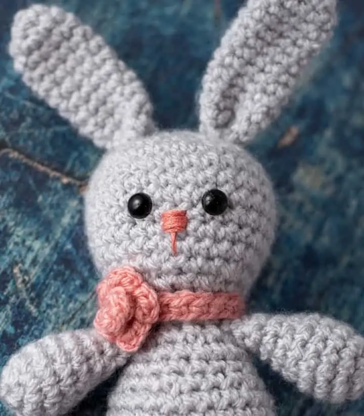Up close facial features of crochet bunny