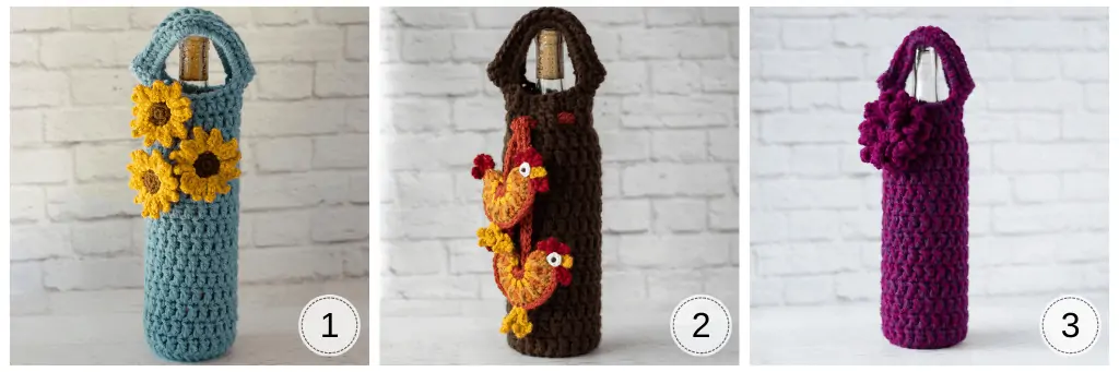 3 crochet wine cozies: blue cozy with sunflowers, brown cozy with roosters and bright pink wine cozy with loopy flower