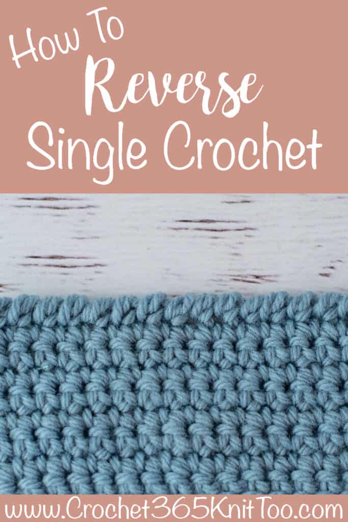 blue crochet piece and wood crochet hook, demonstrating reverse single crochet stitch