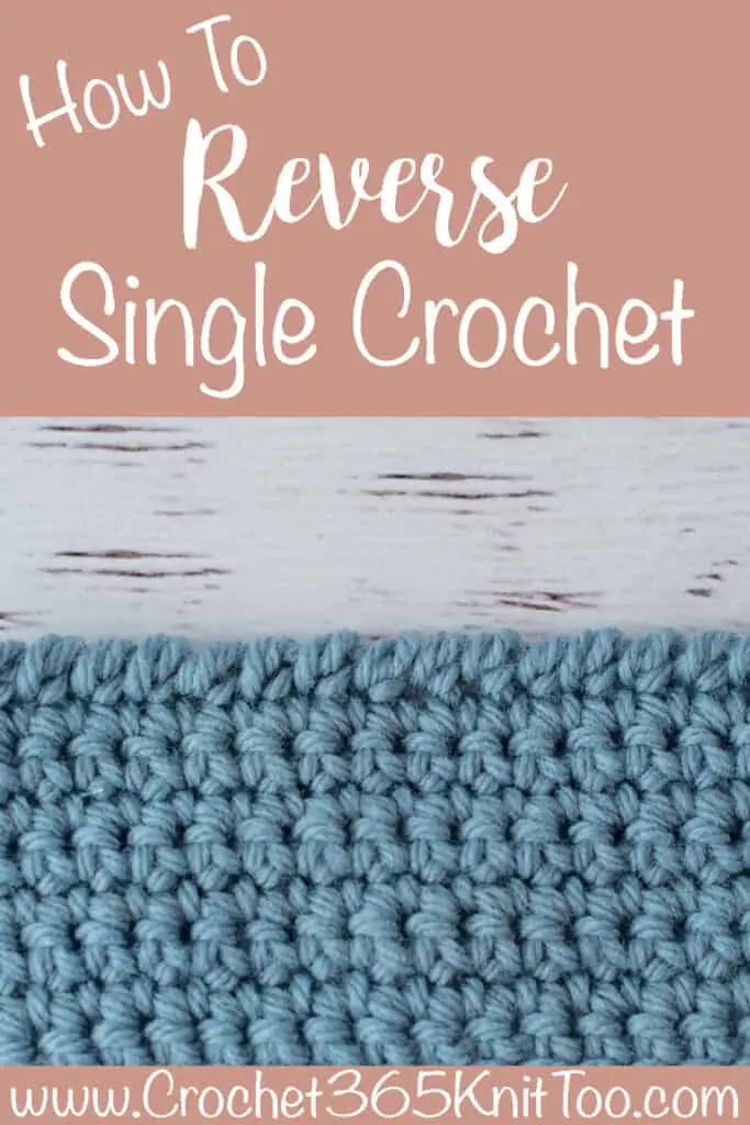 blue crochet piece and wood crochet hook, demonstrating reverse single crochet stitch