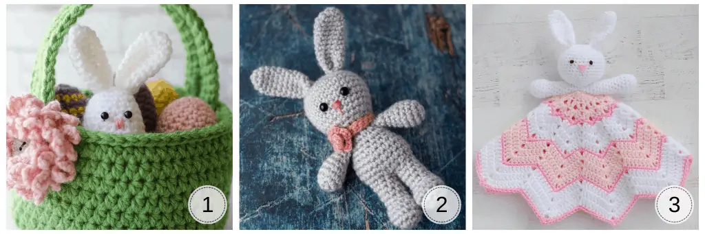 A crochet easter basket with bunny egg and eggs, a crochet gray bunny and a crochet bunny lovey