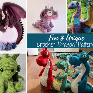 collage of crochet amigurumi dragons