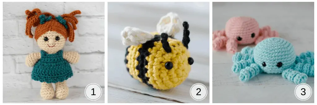 crochet doll, crochet bee and crochet spiders