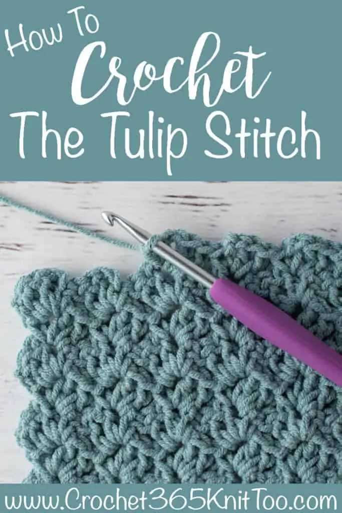 crochet tulip stitch in blue yarn with purple hook