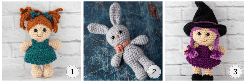Crochet girl doll, crochet bunny in gray and a black and purple crochet witch