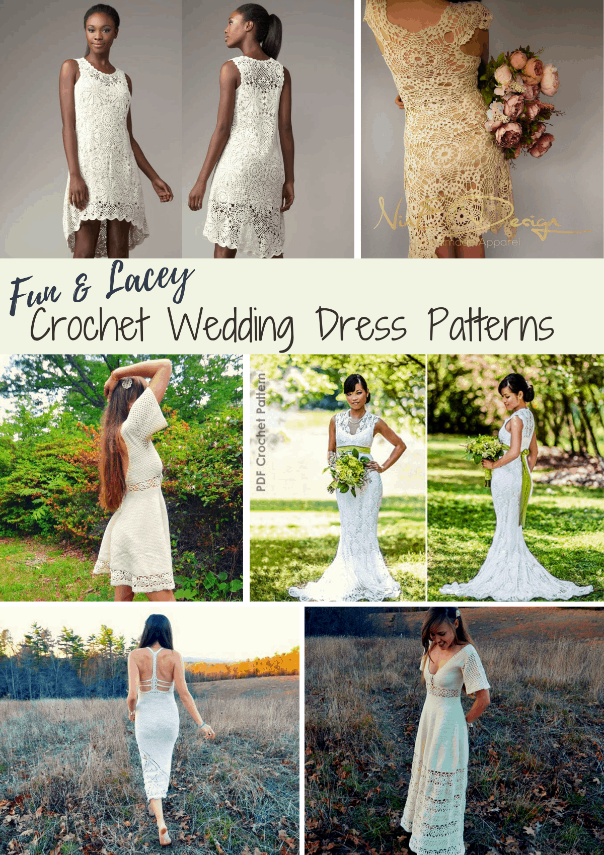 collage of crochet wedding dresses