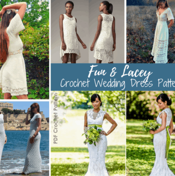 collage of crochet wedding dresses