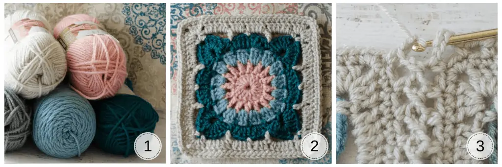 multiple images of a cream, blue and pink crochet afghan