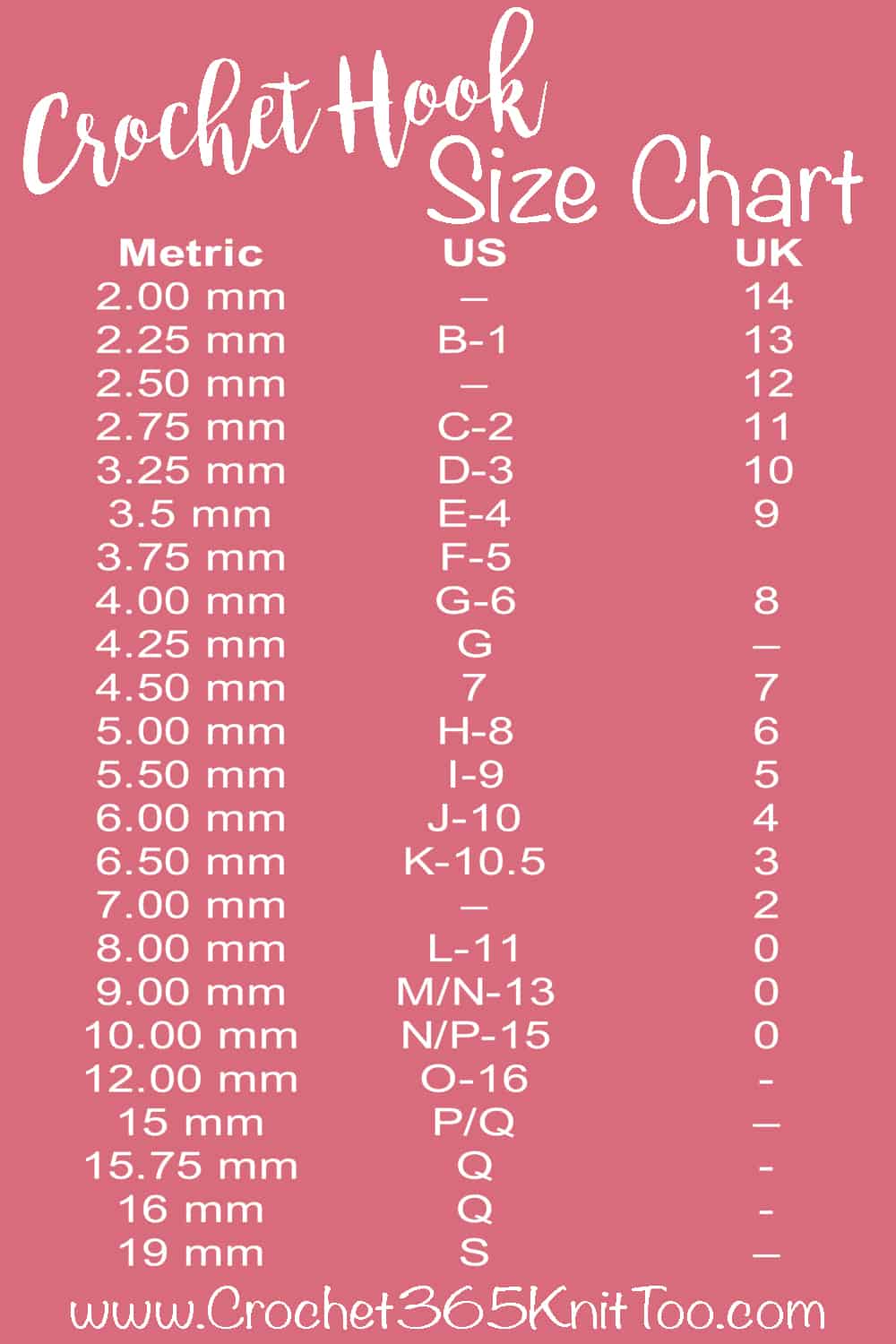 crochet hook size chart