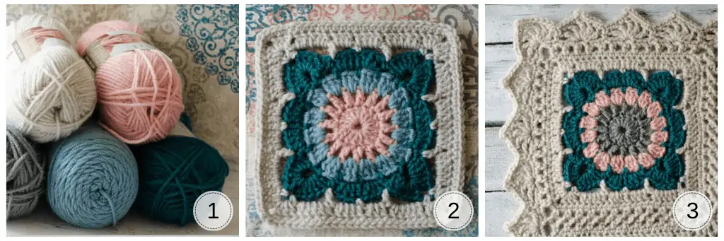 multiple images of a cream, blue and pink crochet afghan