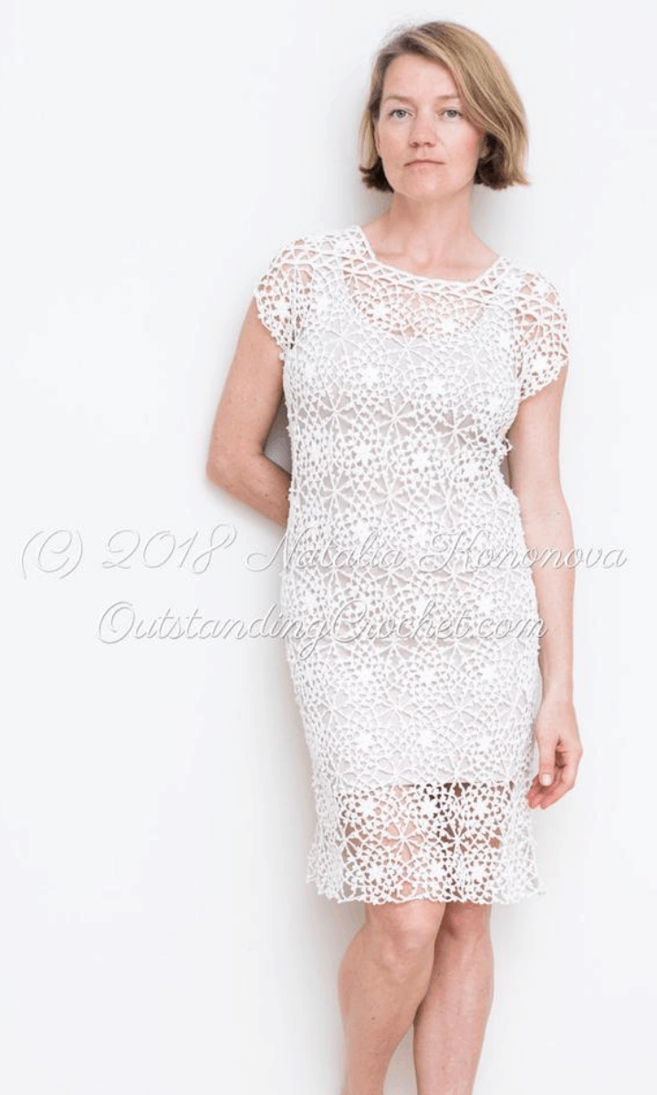 crochet white, short-sleeve, knee-length dress