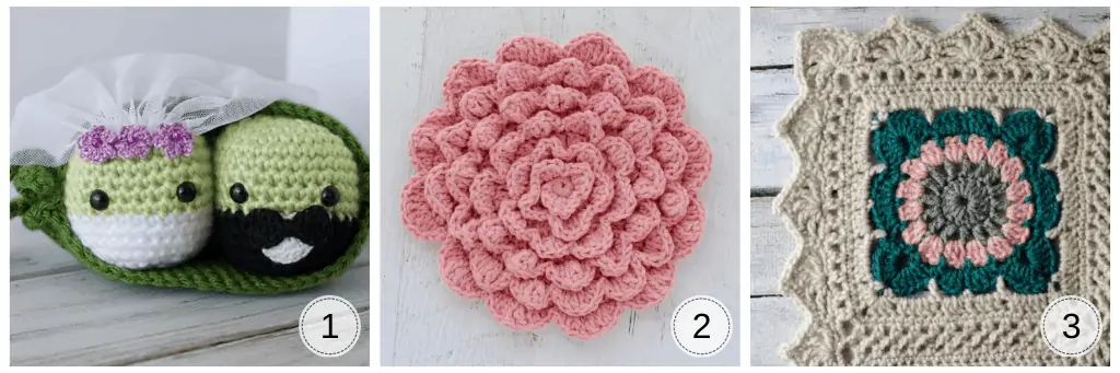 crochet peas in a pod in green, a crochet pink wall flower and a corner of a lacy afghan in cream, teal and pink