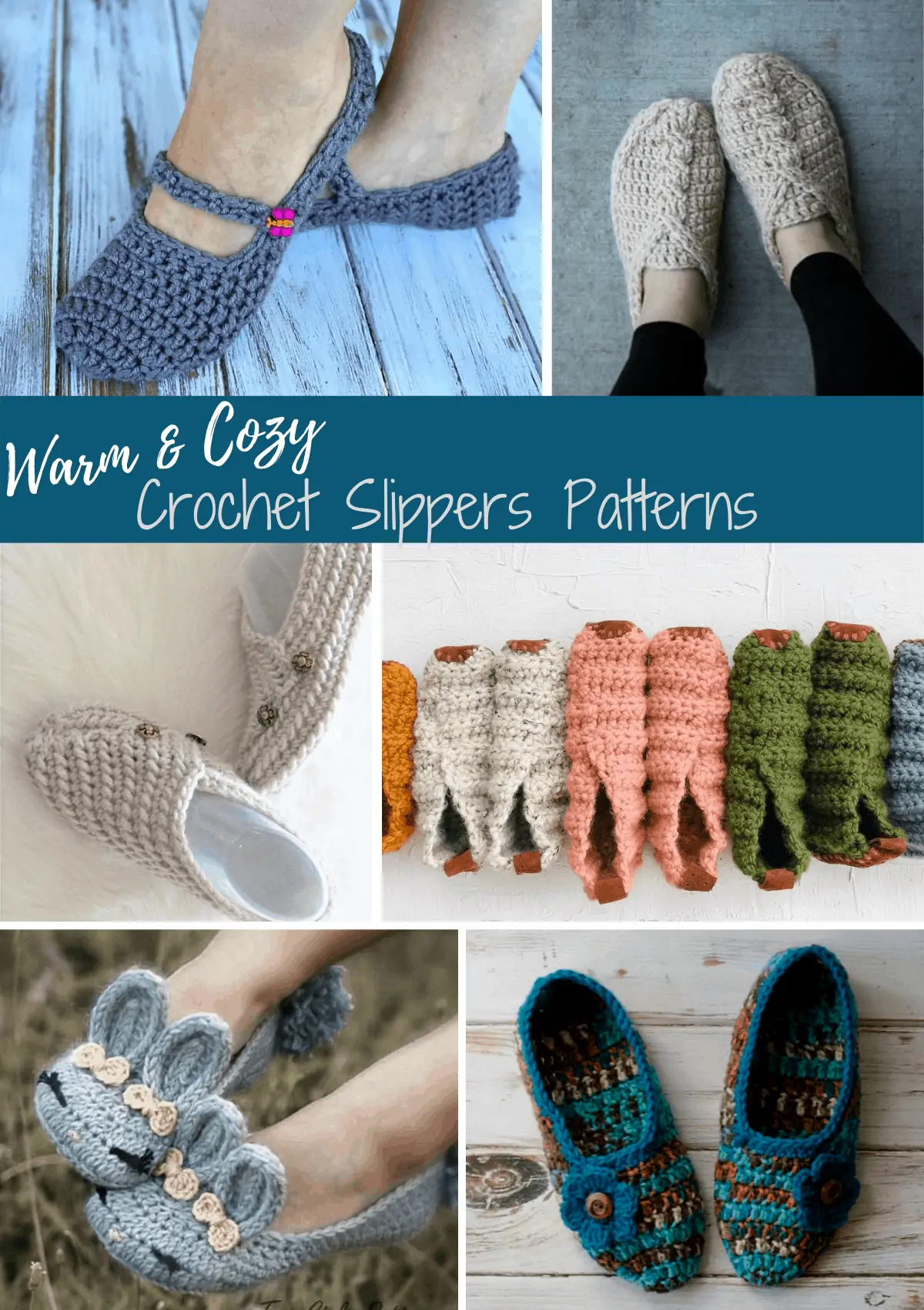 collage of crochet slippers