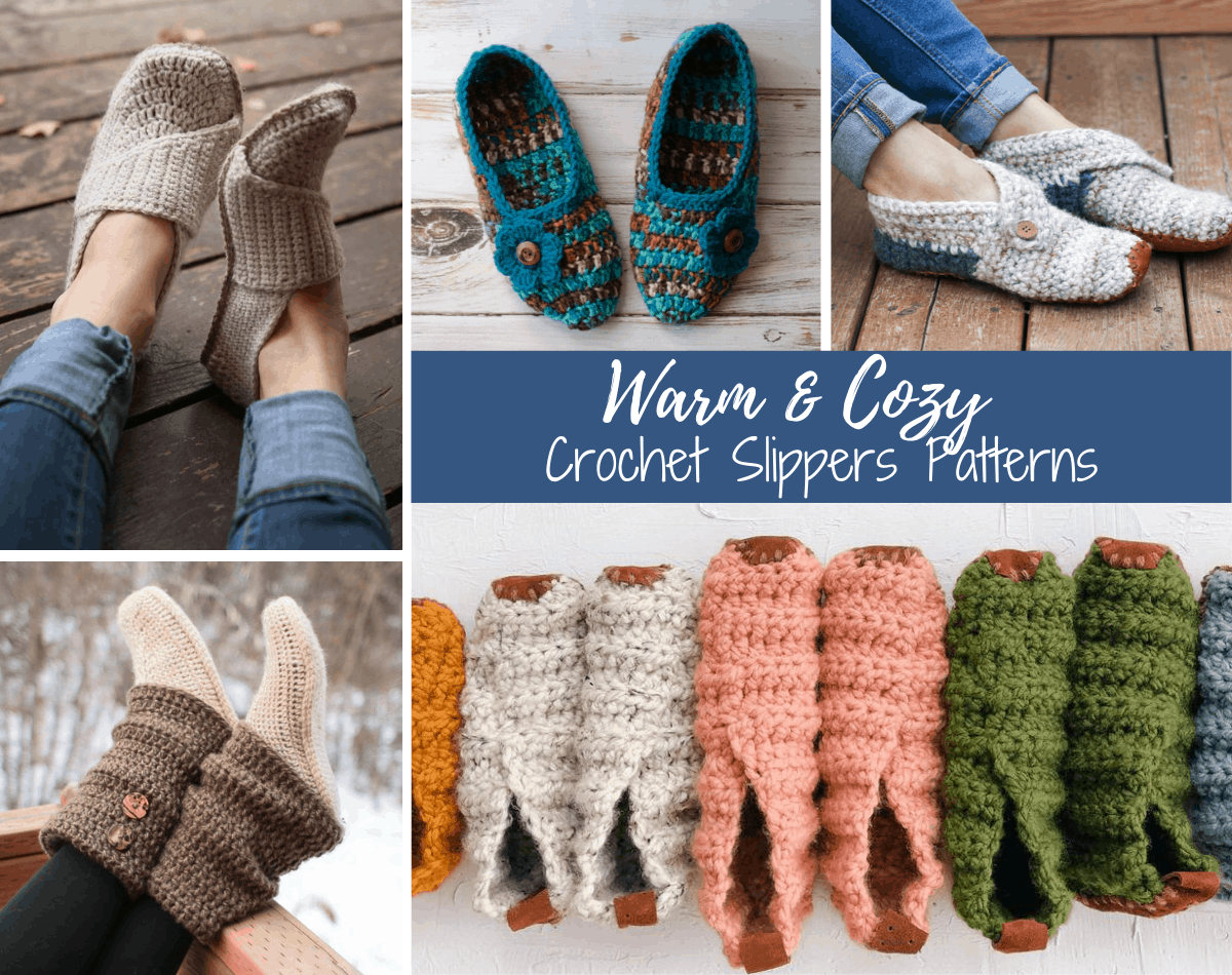 collage of crochet slippers