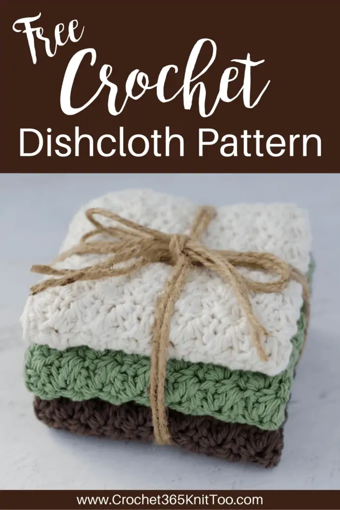 crochet dishcloths in cream, green and brown tied together with jute string