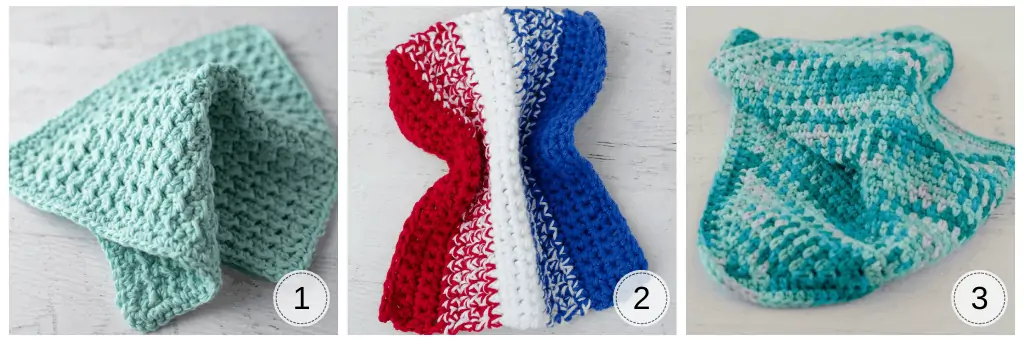 A variety of crochet dishcloths in blue yarn.