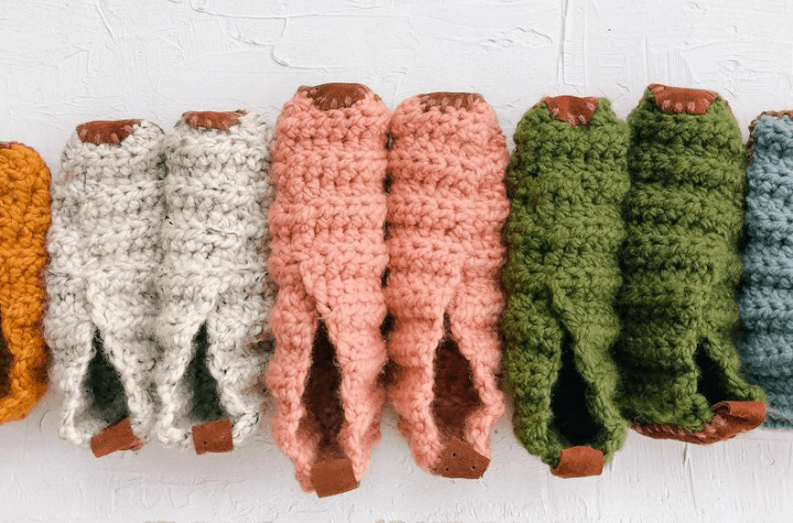 crochet slippers of different sizes and colors