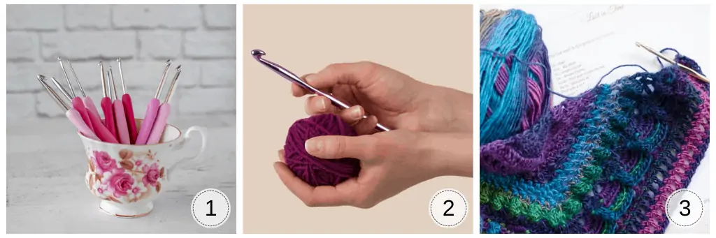 Samples of crochet hooks and yarn