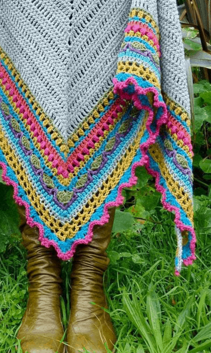 crochet rainbow and grey shawl