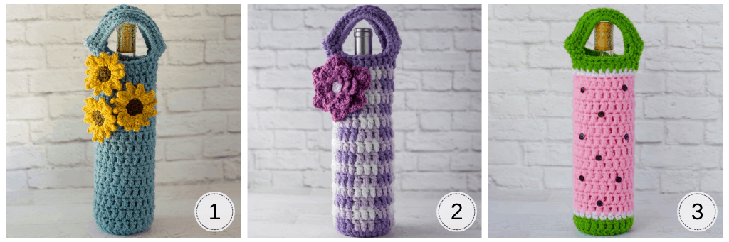 Three crochet wine cozies: blue with yellow flowers, purple plaid with purple flower and a pink and green watermelon theme cozy