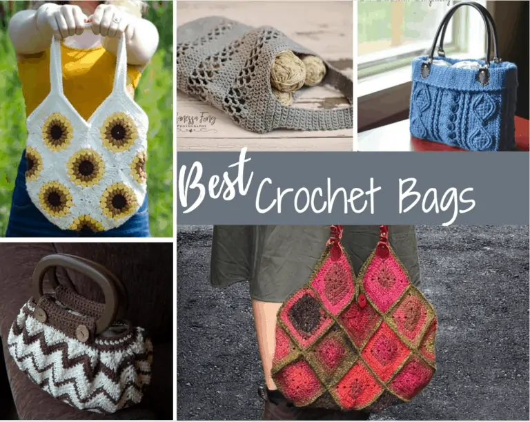 collage of crochet bags