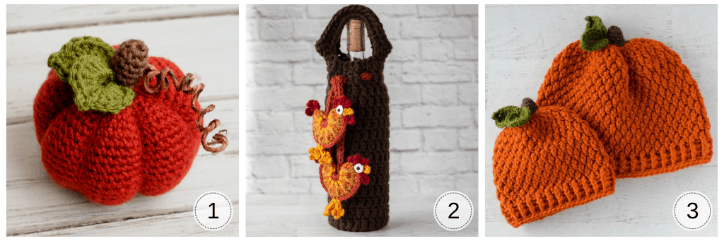 orange crochet pumpkin, brown crochet wine cozy with crochet roosters and two crochet pumpkin hats