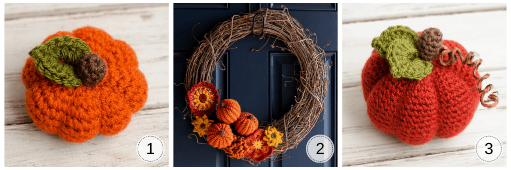 Crochet pumpkins: small crochet orange pumpkin, pumpkins and flowers on a wreath, medium pumpkin