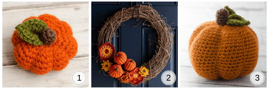 series of pumpkin crochet projects: small orange crochet pumpkin, wreath with pumpkins and flowers and large orange pumpkin