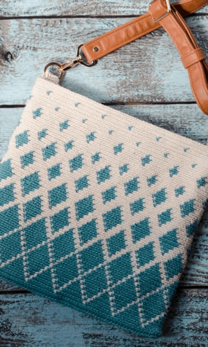 blue and white tapestry crochet bag